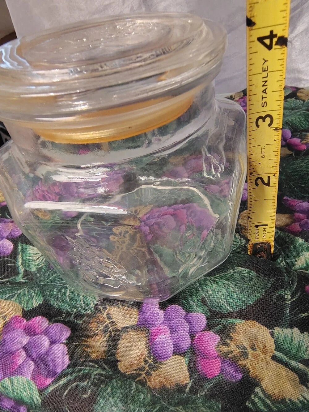 Vintage Embossed Grape Hexagon Glass Canister Jar with Lid